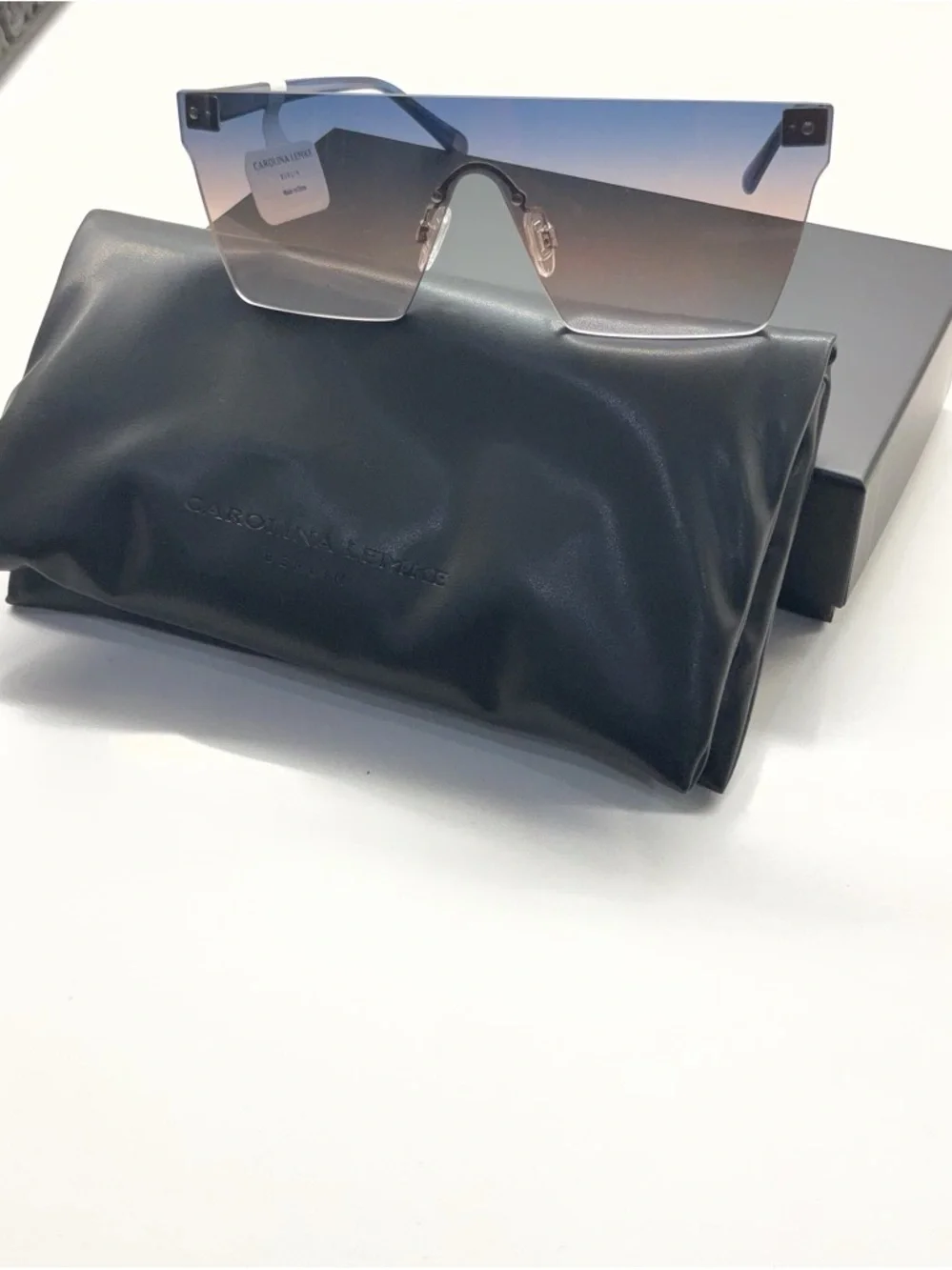 Gradient Blue Rimless Shield Sunglasses — Carolina Lemke